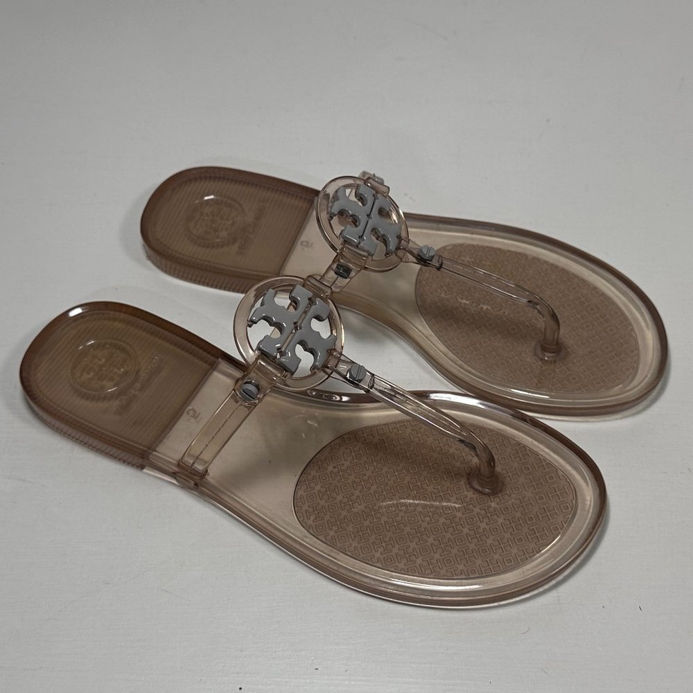 Tory Burch Mini Miller Gray Logo Jelly Thong Sandals Women Size 5